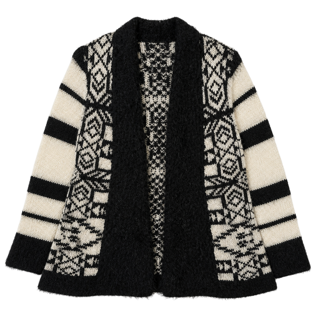 BCBGMaxAzria Aztec Geometric Knit Cardigan Sweater Fuzzy Faux Fur Shawl Collar M 1