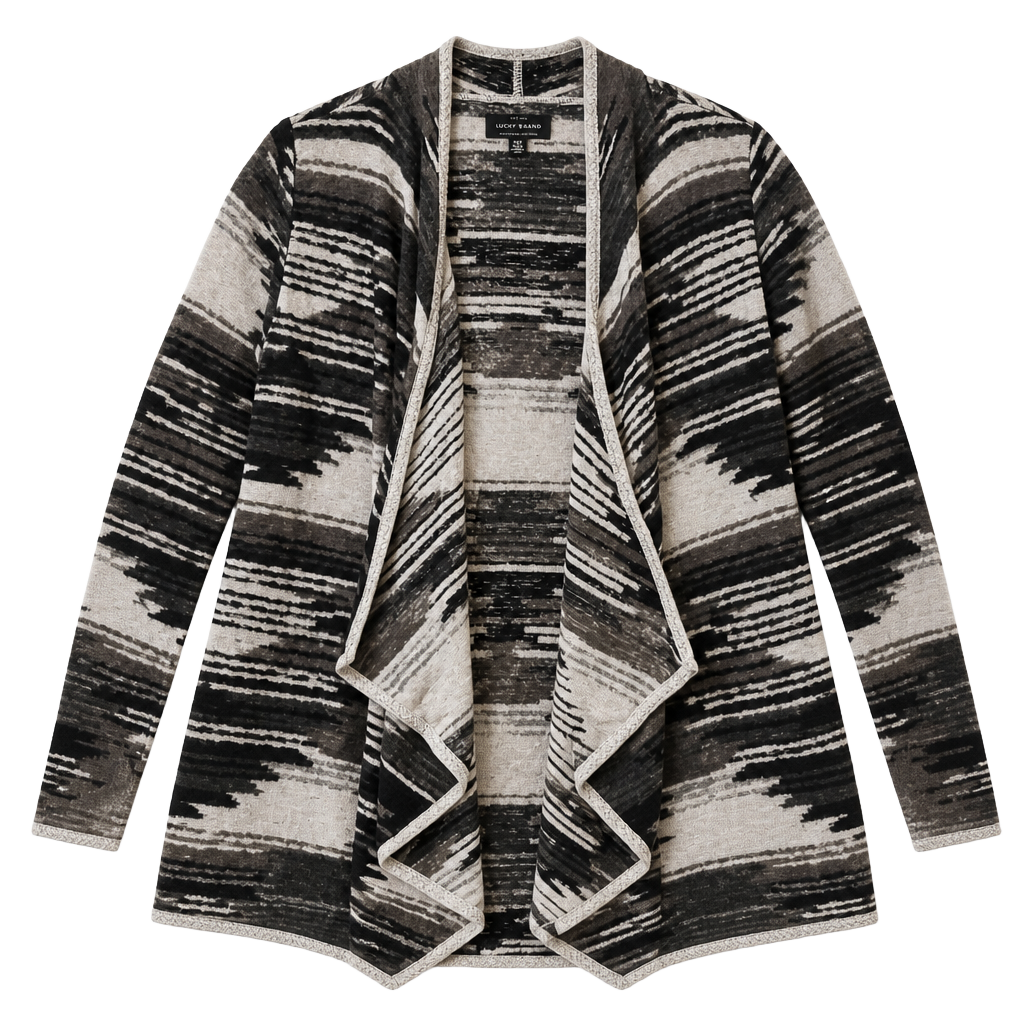 NWT Lucky Brand Aztec Drape Open Front Cardigan Sweater Small Black Gray Boho Southwestern 1