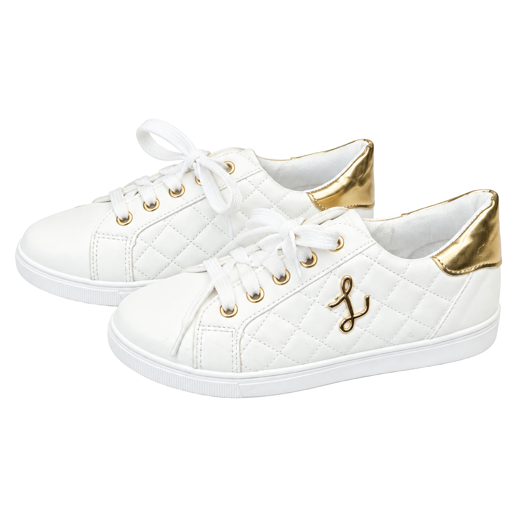 Unbranded Quilted Lace-Up Casual Sneakers White Gold 1