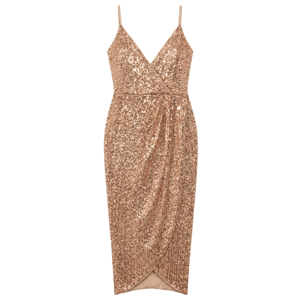 Papaya Sequin Midi Dress Size M Rose Gold V-Neck Spaghetti Strap 1