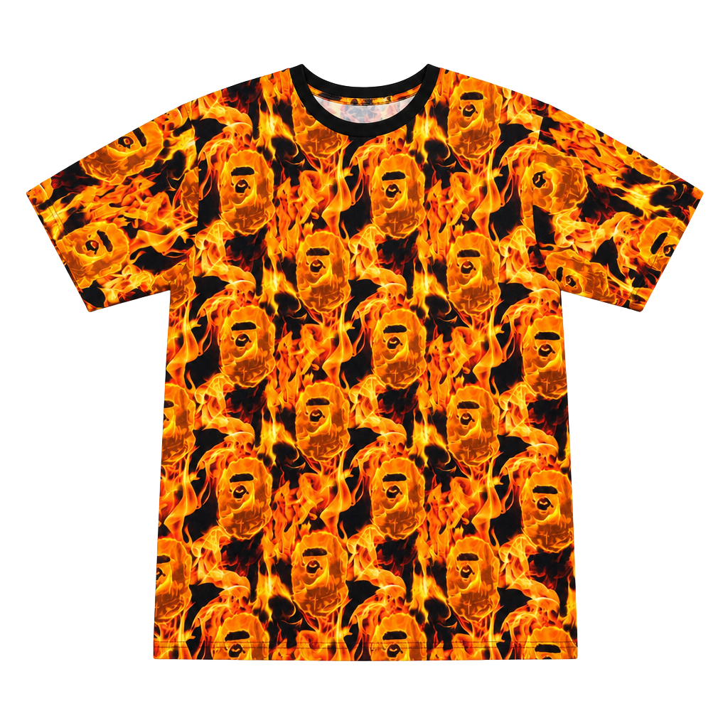 A Bathing Ape Bape Flame T-Shirt Size XL Orange Fire Ape Head Graphic 1