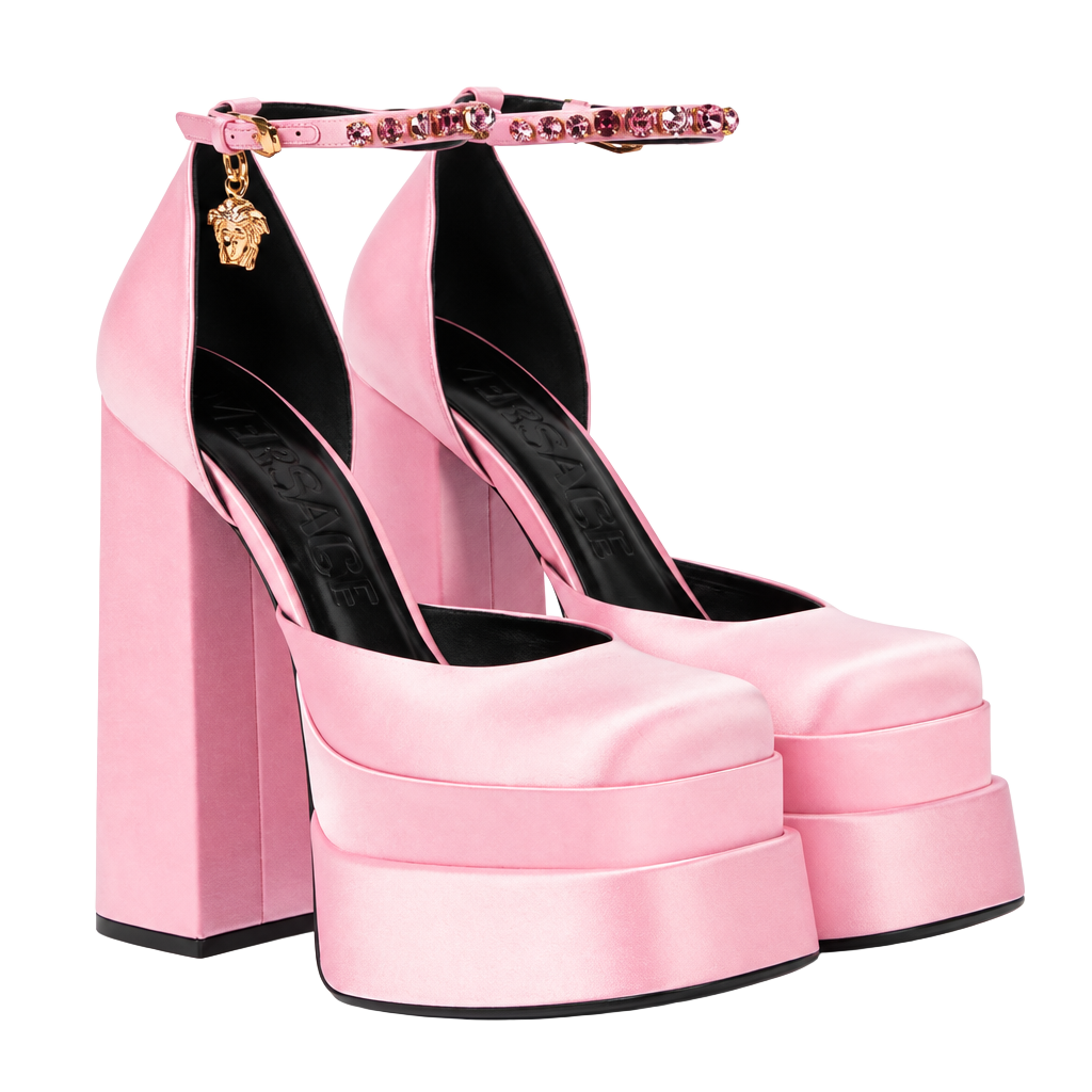 Versace Pink Satin Platform Block Heel Pumps with Ankle Strap 1