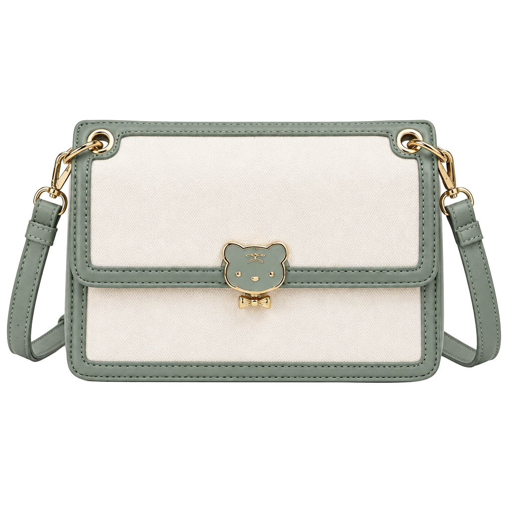 Cream and Sage Green Top-Handle Satchel with Bear Clasp 1