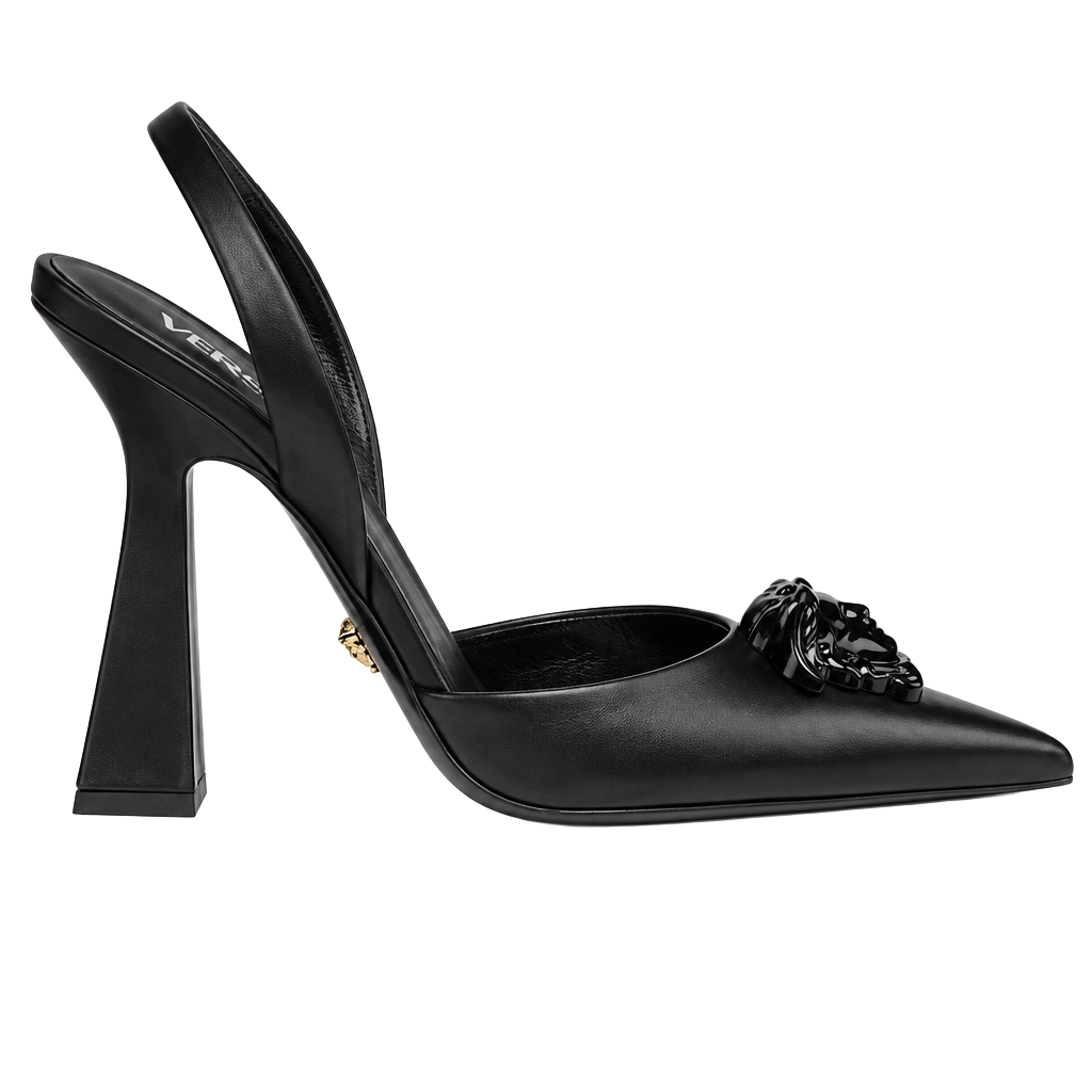 Versace Black Slingback Pointed Toe Heels with Medusa Chain 1