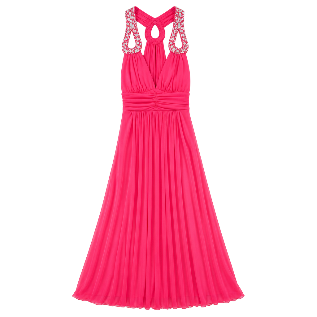 Pink Halter Rhinestone Chiffon Evening Maxi Dress 1