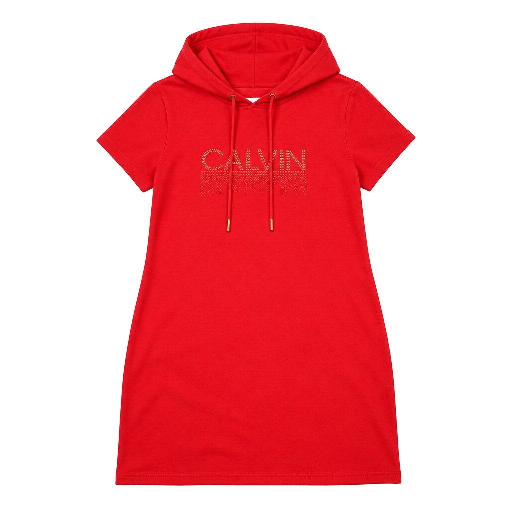 Calvin Klein Women's Red Short Sleeve Hoodie T-Shirt Dress with Gold Studded Logo 1