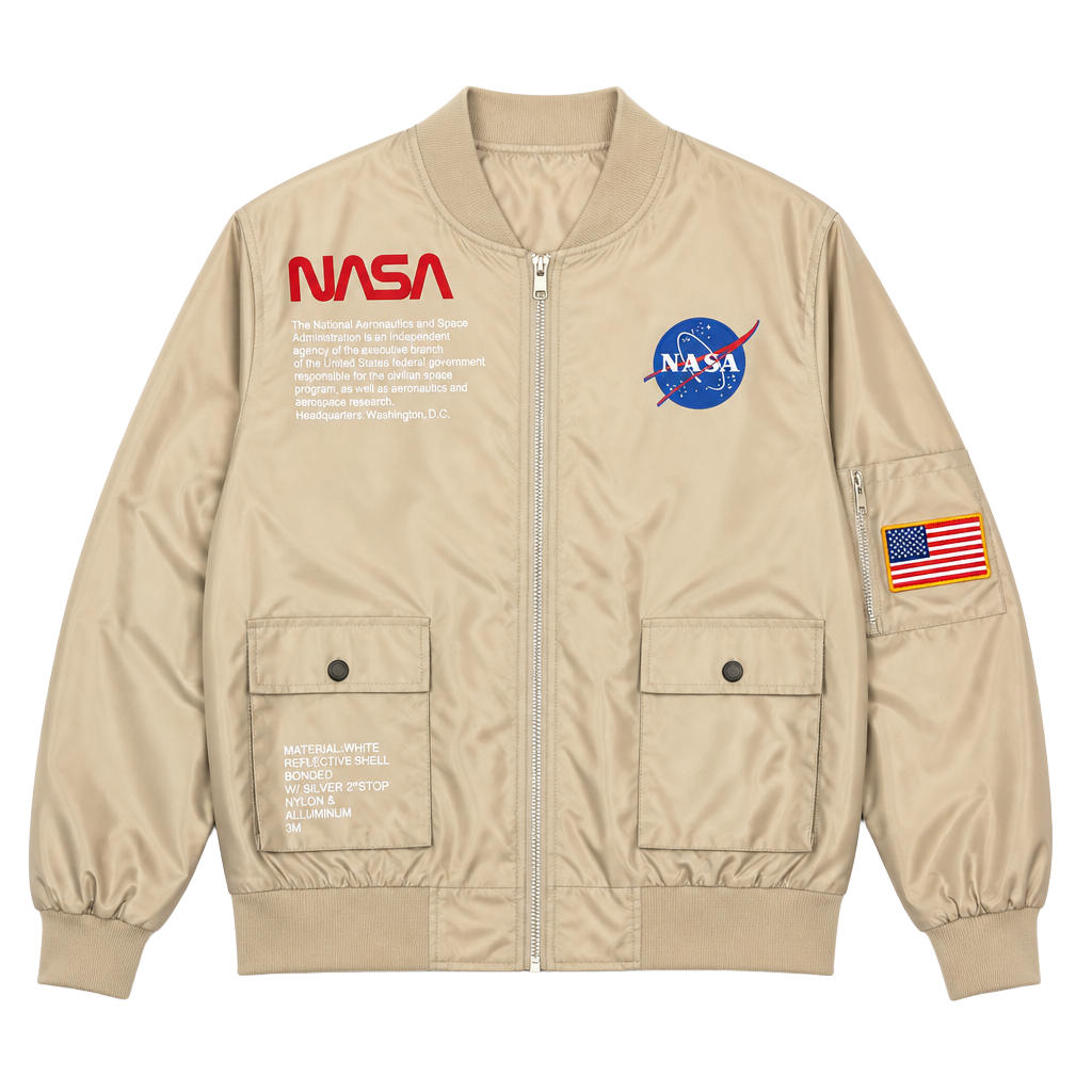 NASA Bomber Jacket Size S Beige Y2K Space Streetwear Windbreaker 1