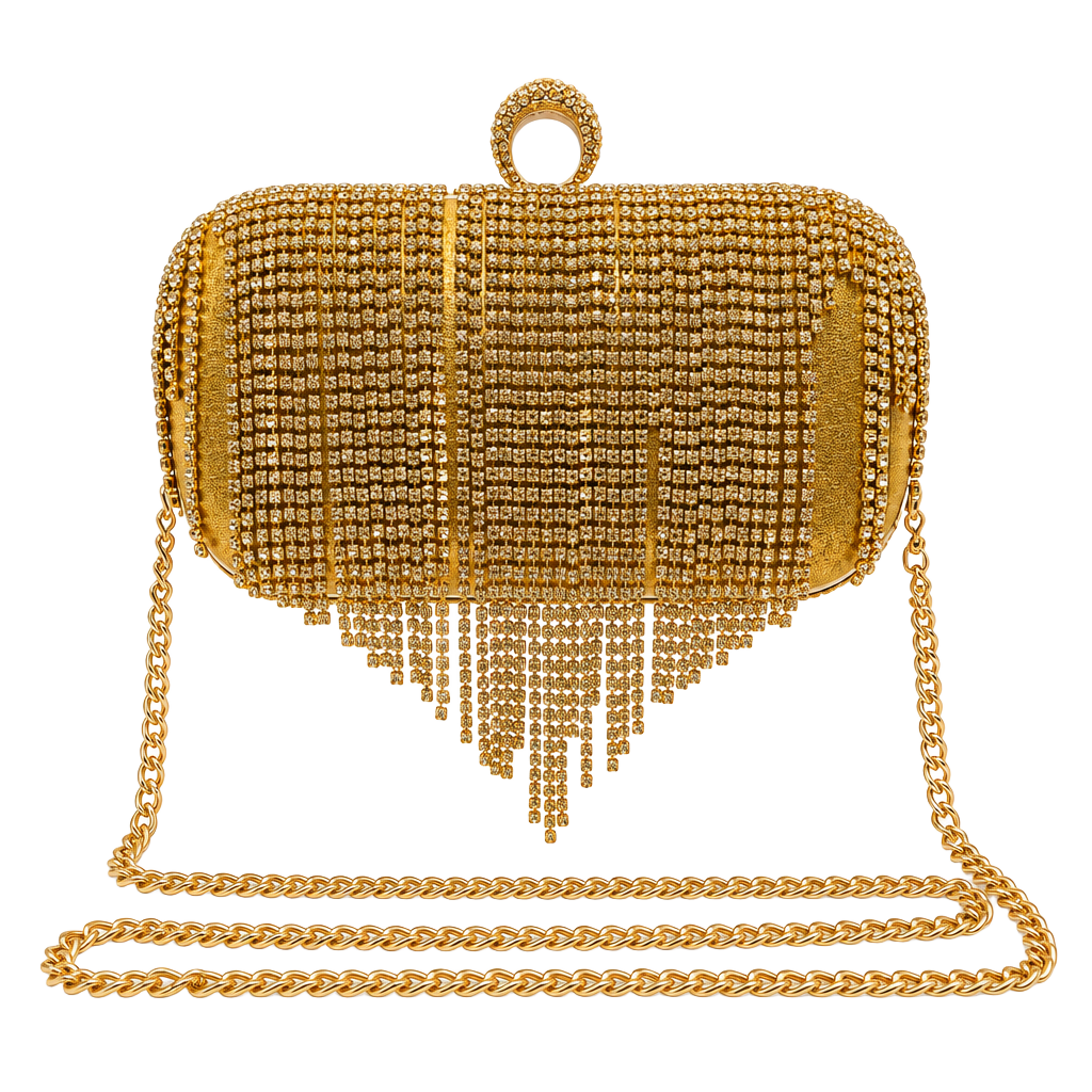 Badgley Mischka Rhinestone Fringe Gold Clutch 1
