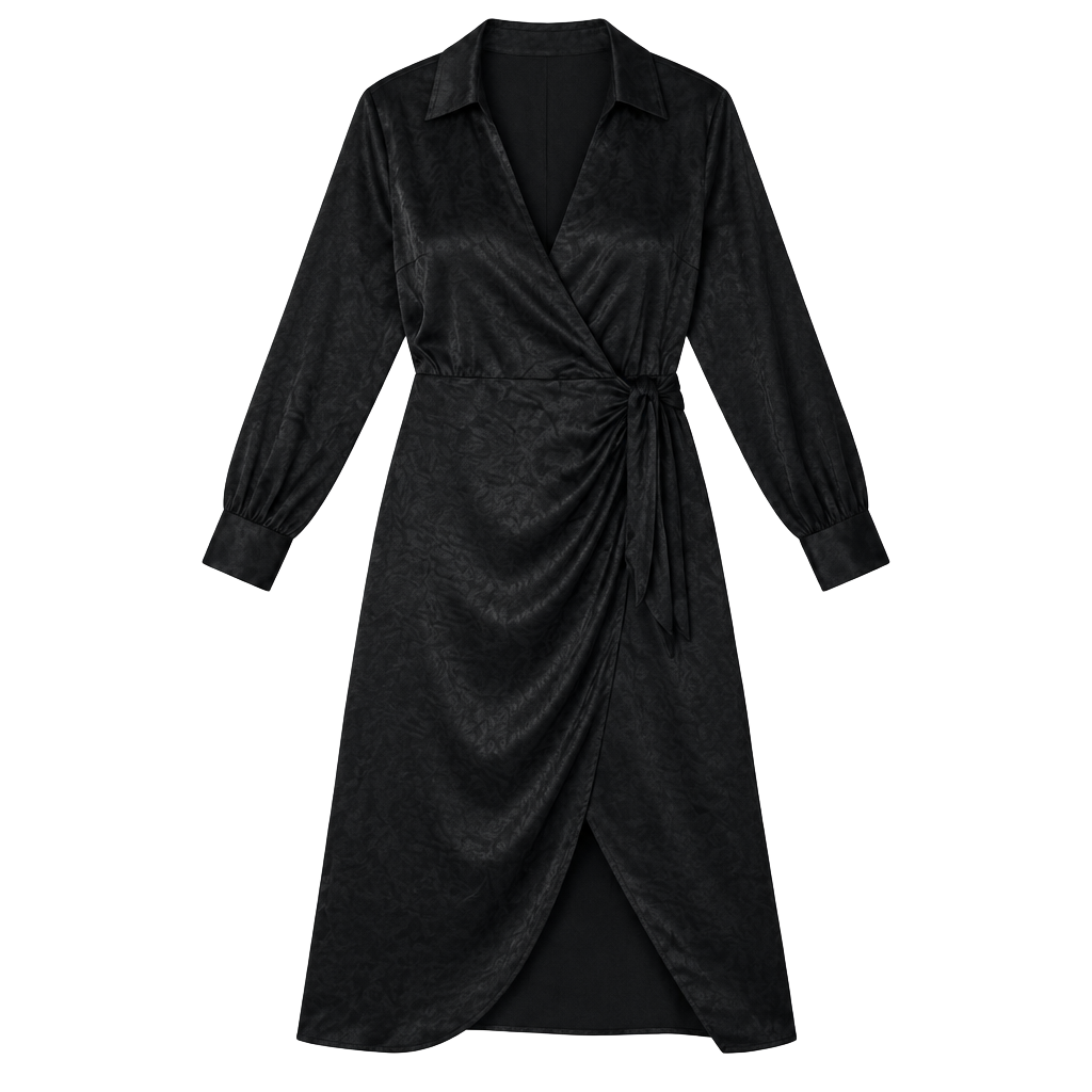 Loft Black Satin Long Sleeve Tie Front Midi Dress Sz MP 1
