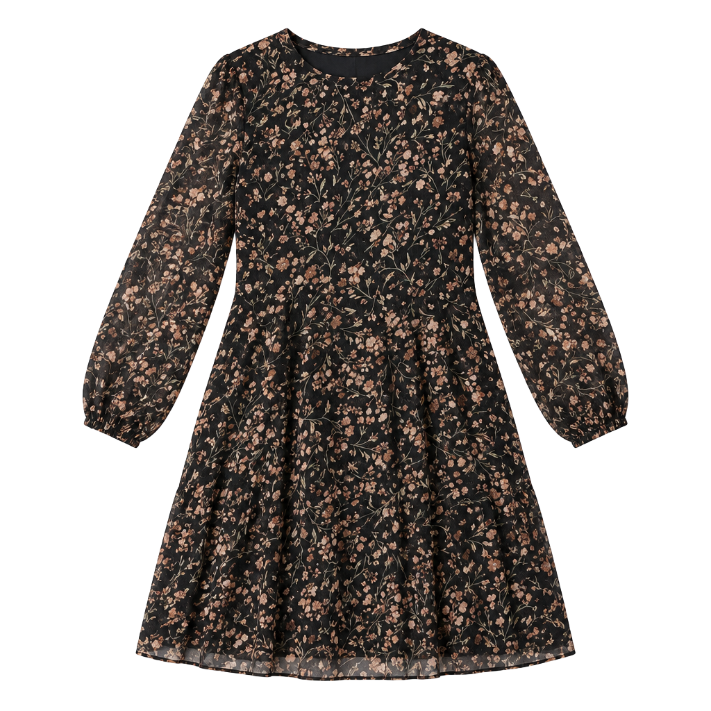 Calvin Klein Floral Dress Size 8 Black Chiffon Long Sleeve 1