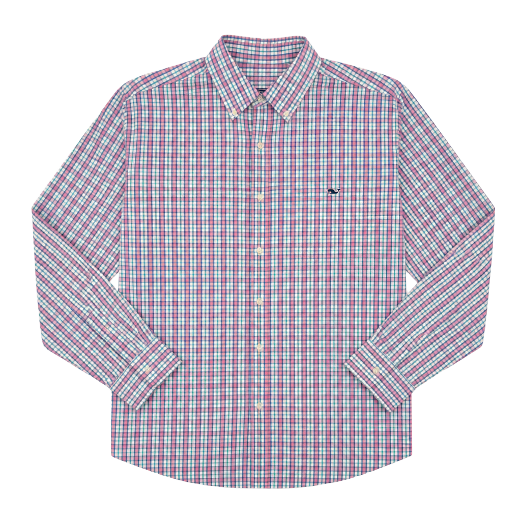 Vineyard Vines Men's Large Classic Fit Tucker Shirt Pink and Teal Plaid Long Sleeve Button Down 1