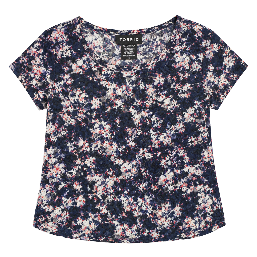 Torrid Navy Floral Lace Short Sleeve Scoop Neck Top Size 4 1