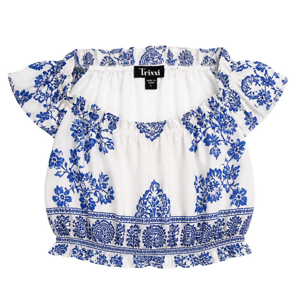 Trixxi Blue and White Floral Tile Print Smocked Waist Midi Dress 1