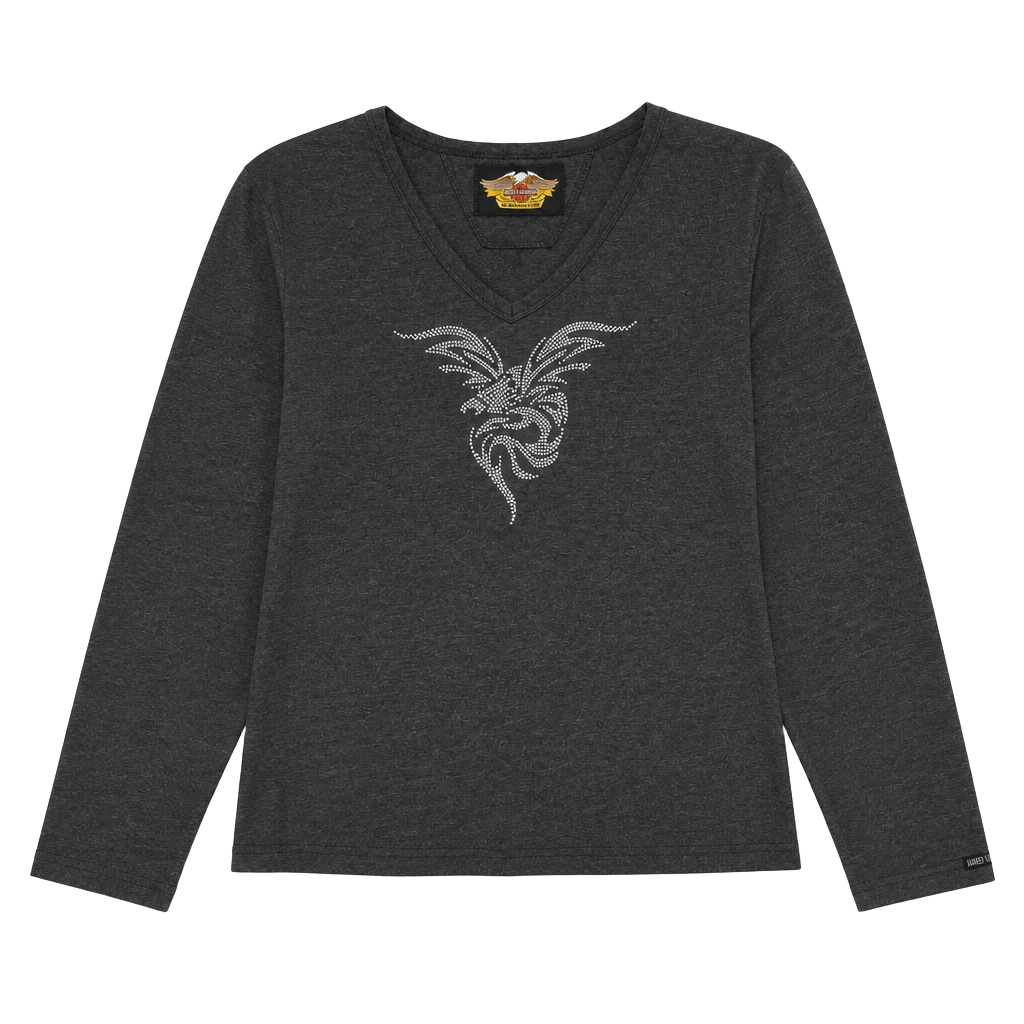 Vintage Harley-Davidson Women's Charcoal Grey V-Neck Long Sleeve Rhinestone Eagle Top 1