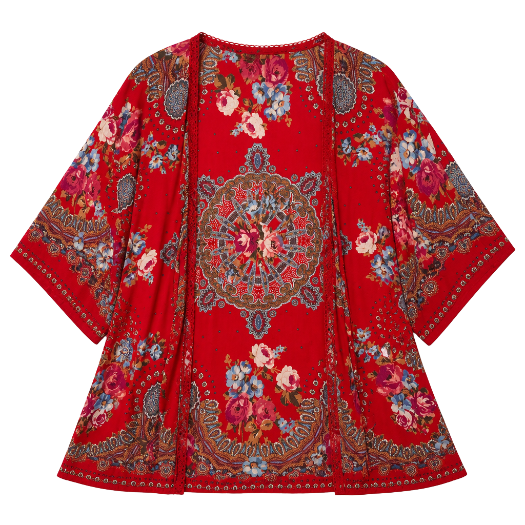 Bila Red Floral Boho Open Front Kimono Cardigan Size M/L 1