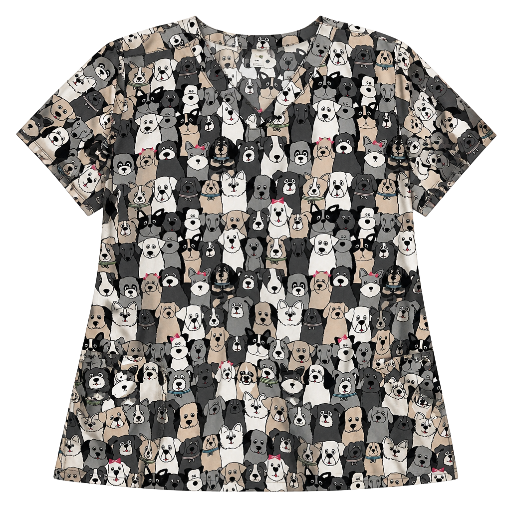 WonderWink Picture Pawfect 2-Pocket V-Neck Dog Print Scrub Top 1