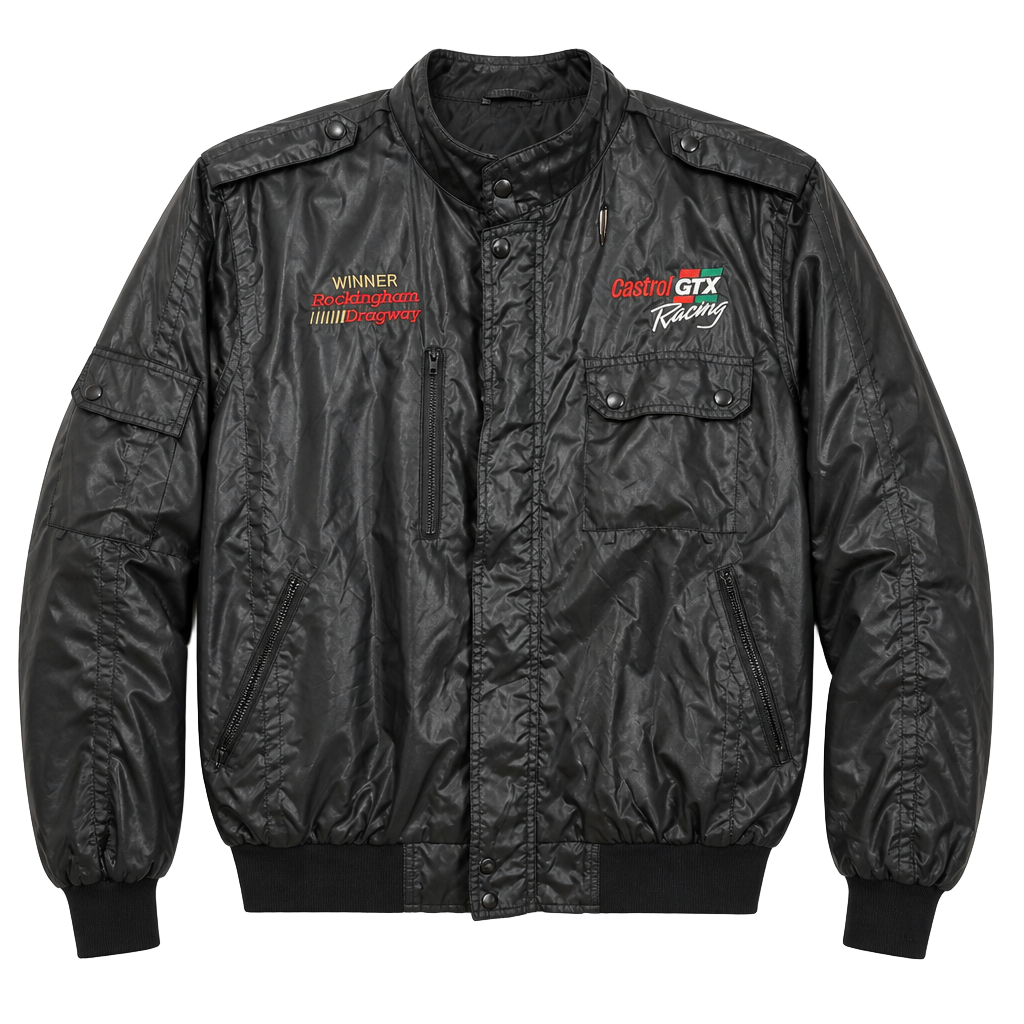Vintage 80s Castrol GTX Racing Rockingham Dragway Winner Bomber Jacket XL 1
