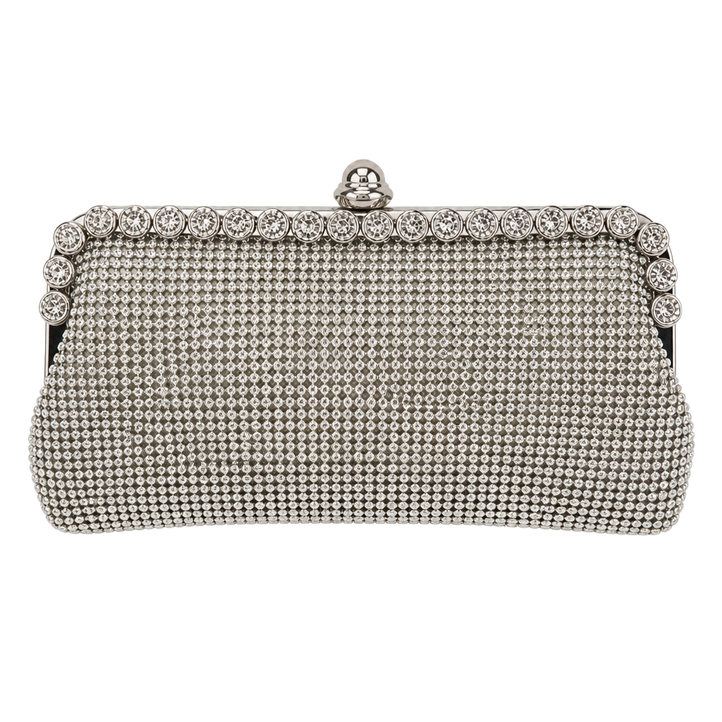 Silver Rhinestone Shimmer Sparkle Clutch Evening Bag With Long Chain Strap 1