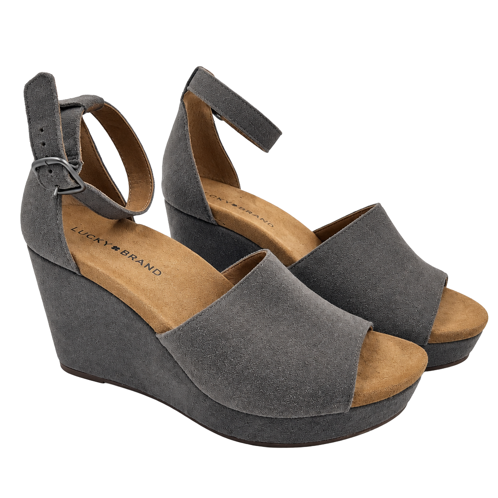 Lucky Brand LK-Yemisa Wedge Sandals Size 8.5M Gray Suede Ankle Strap 1