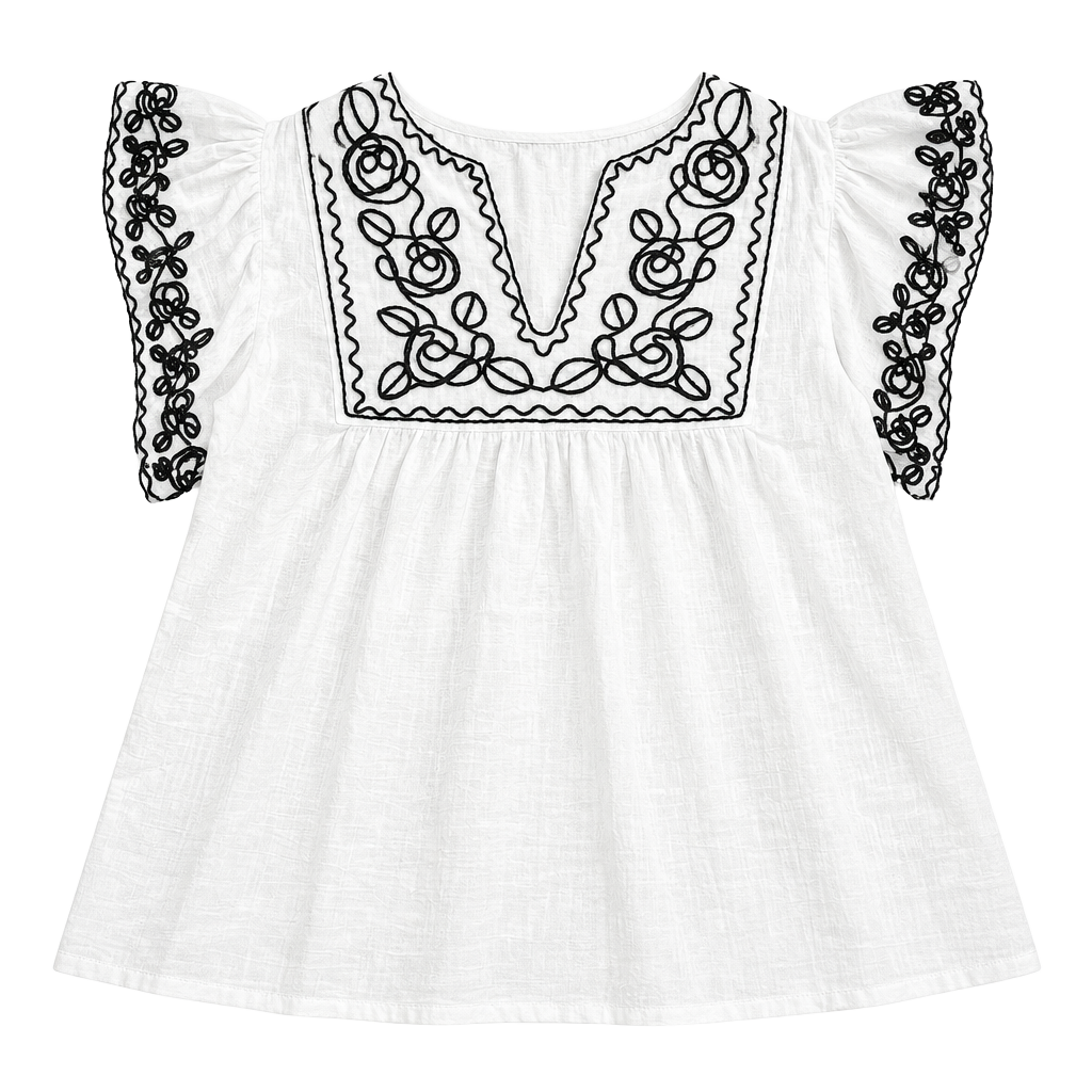 Liv Los Angeles Embroidered Blouse Size M White Black Floral Flutter Sleeve 1