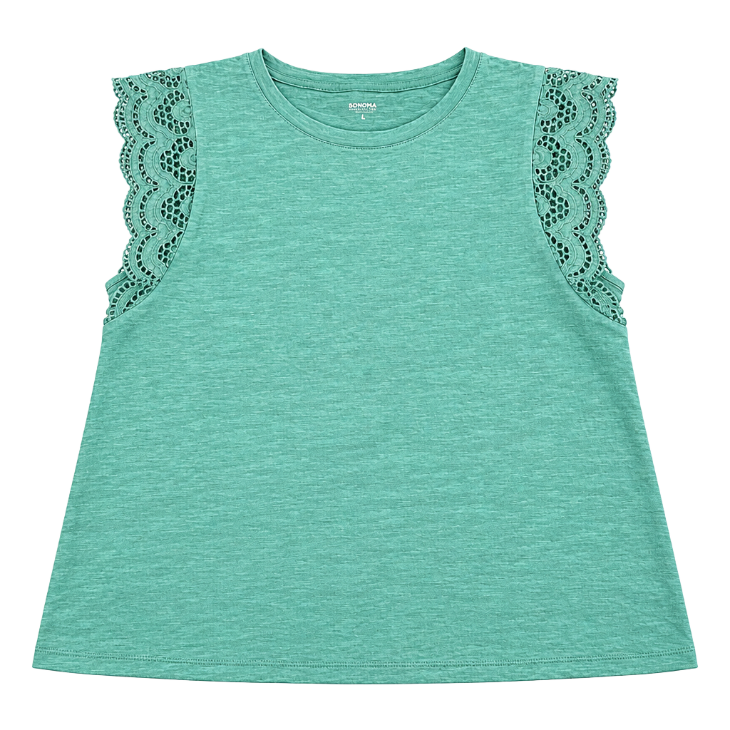 Sonoma Goods For Life T-Shirt Size M Green Crochet Ruffle Sleeve Top 1