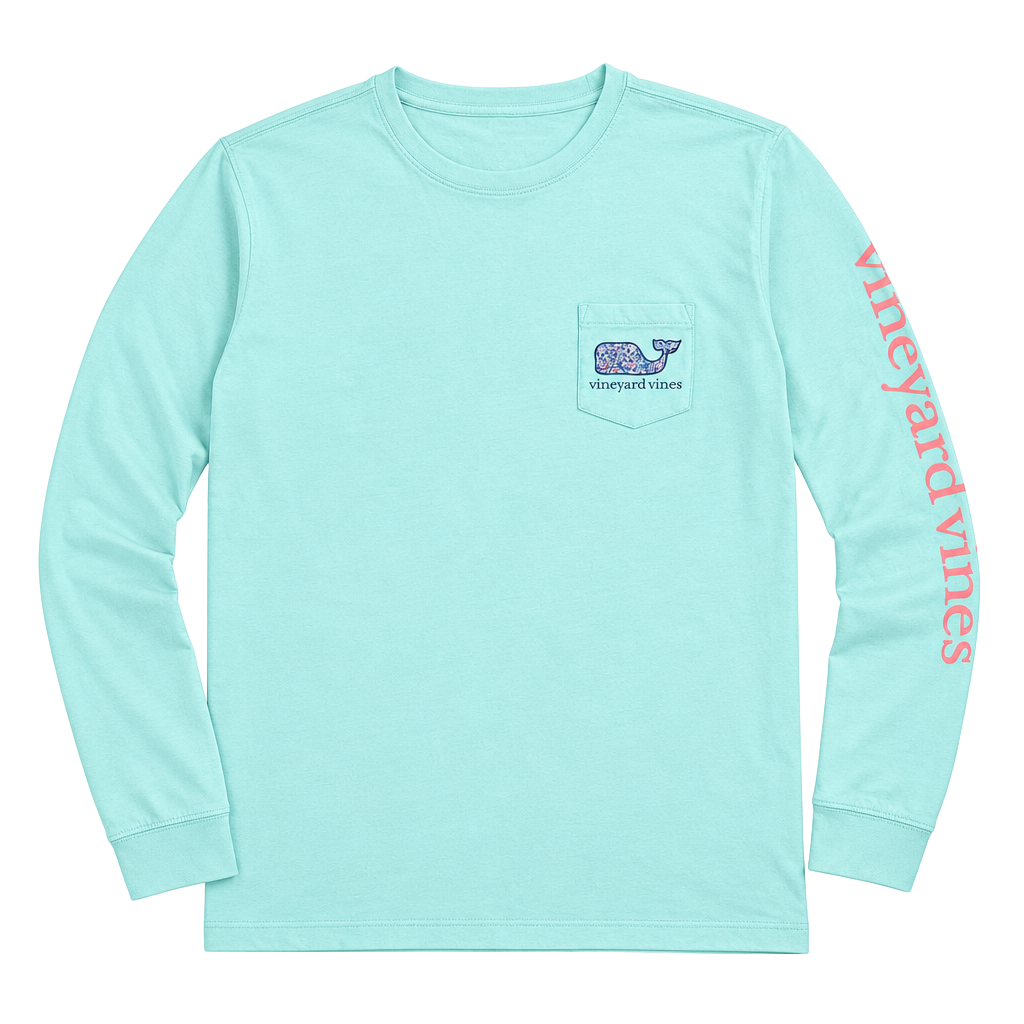 vineyard vines Long Sleeve Pocket Tee Size M Light Blue Whale Graphic 1