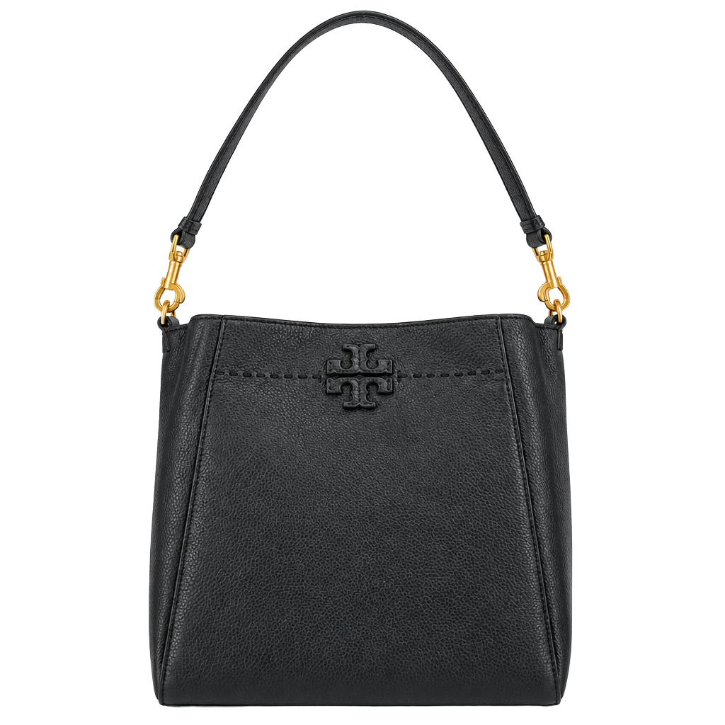 Tory Burch McGraw Black Pebbled Leather Bucket Bag Handbag 1