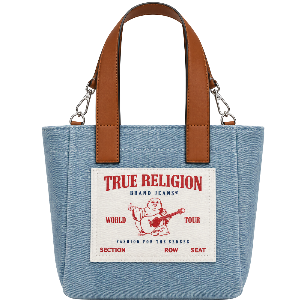 True Religion Mini Denim Tote Crossbody Bag Blue Brown 1