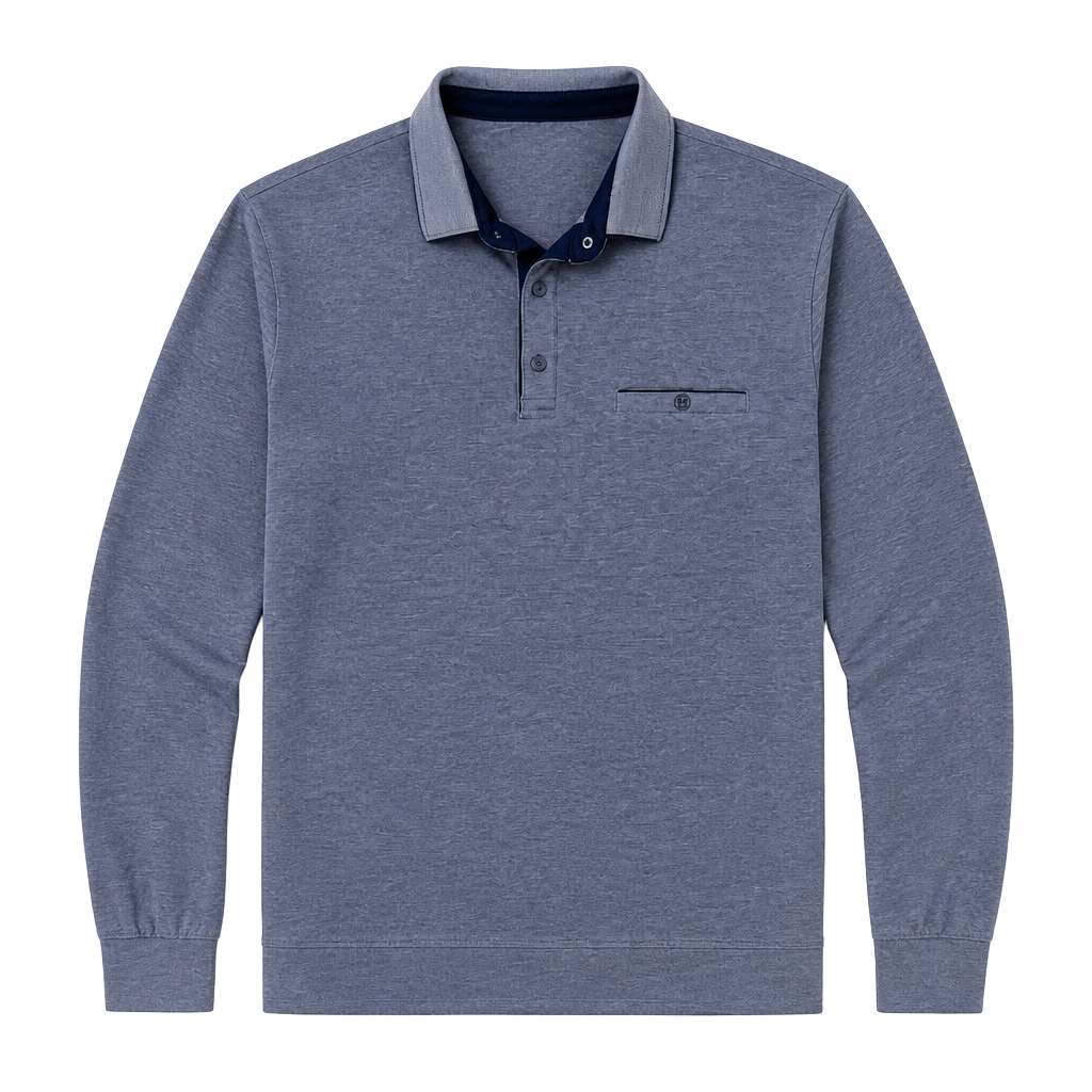 FIBAK First Collection Long Sleeve Polo Shirt with Chest Pocket - Blue Heather 1
