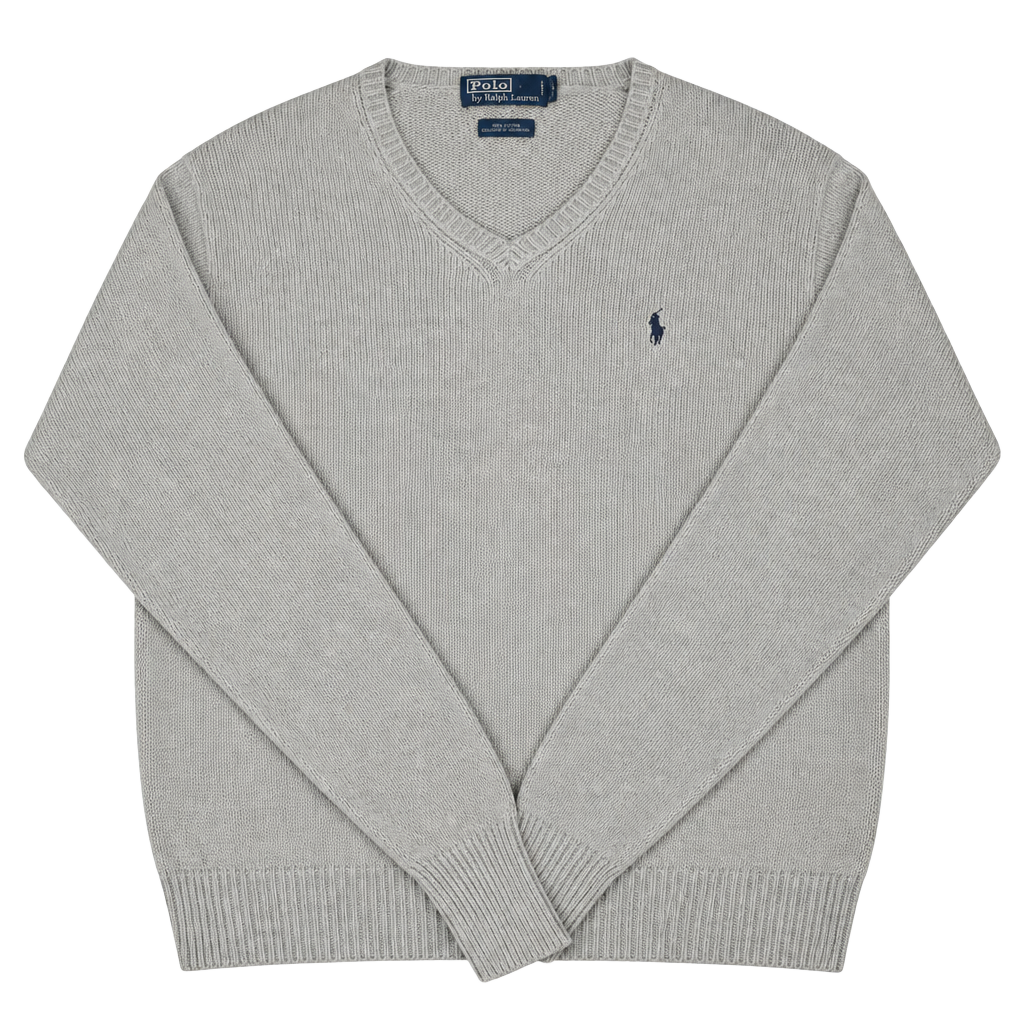 Polo Ralph Lauren Men XL V-Neck Sweater Pullover Light Grey Cotton Linen Knit 1