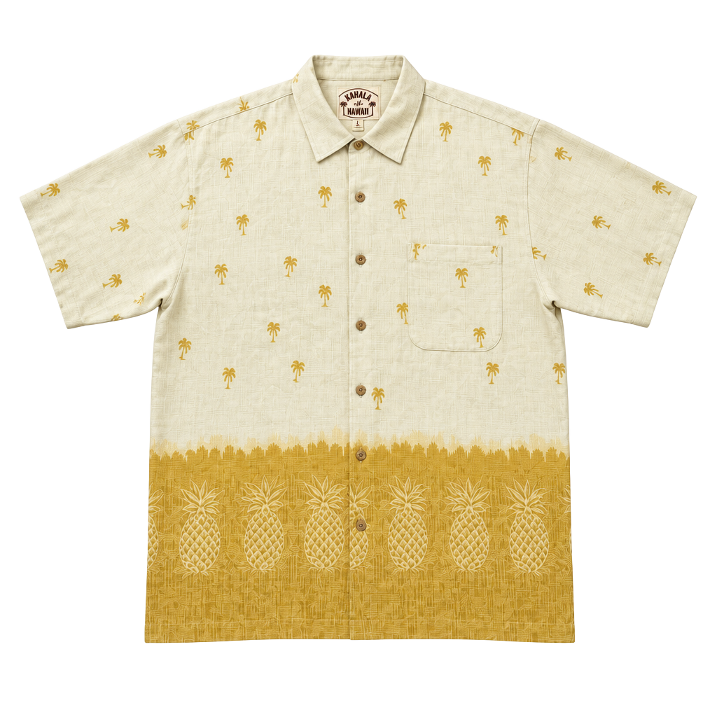 Tommy Bahama Silk Camp Shirt Size L Yellow Pineapple Palm Tree 1