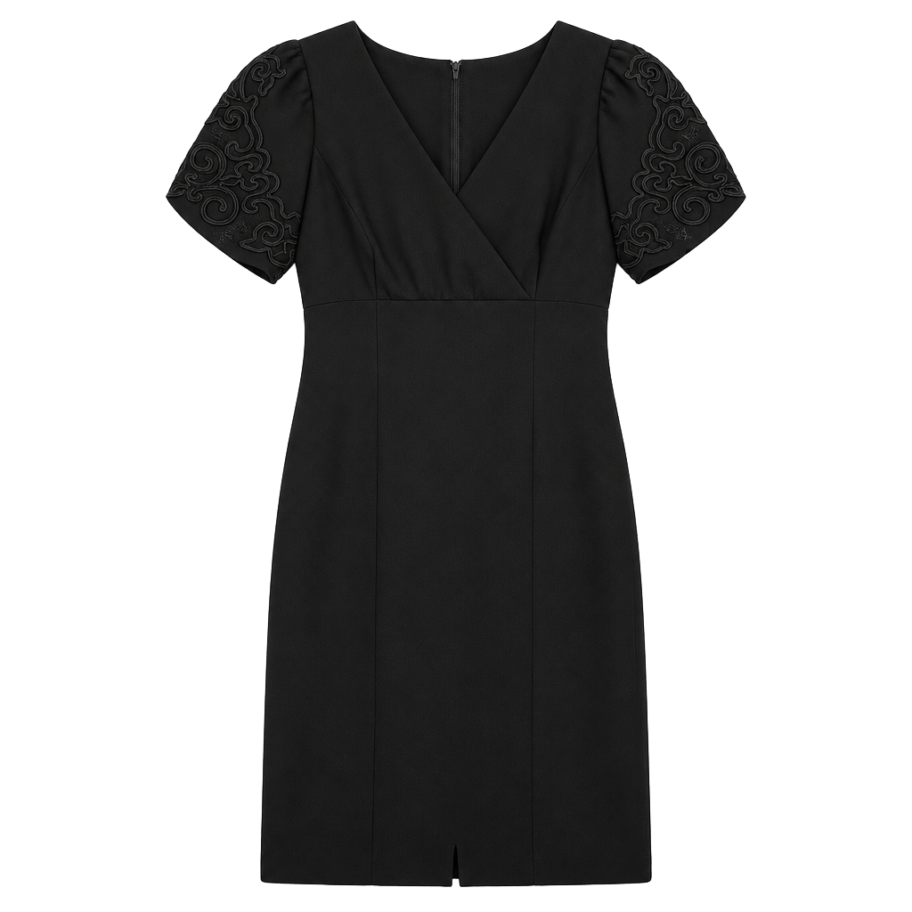 Donna Morgan Black Dress Size 4 Embroidered Short Sleeve V-Neck 1