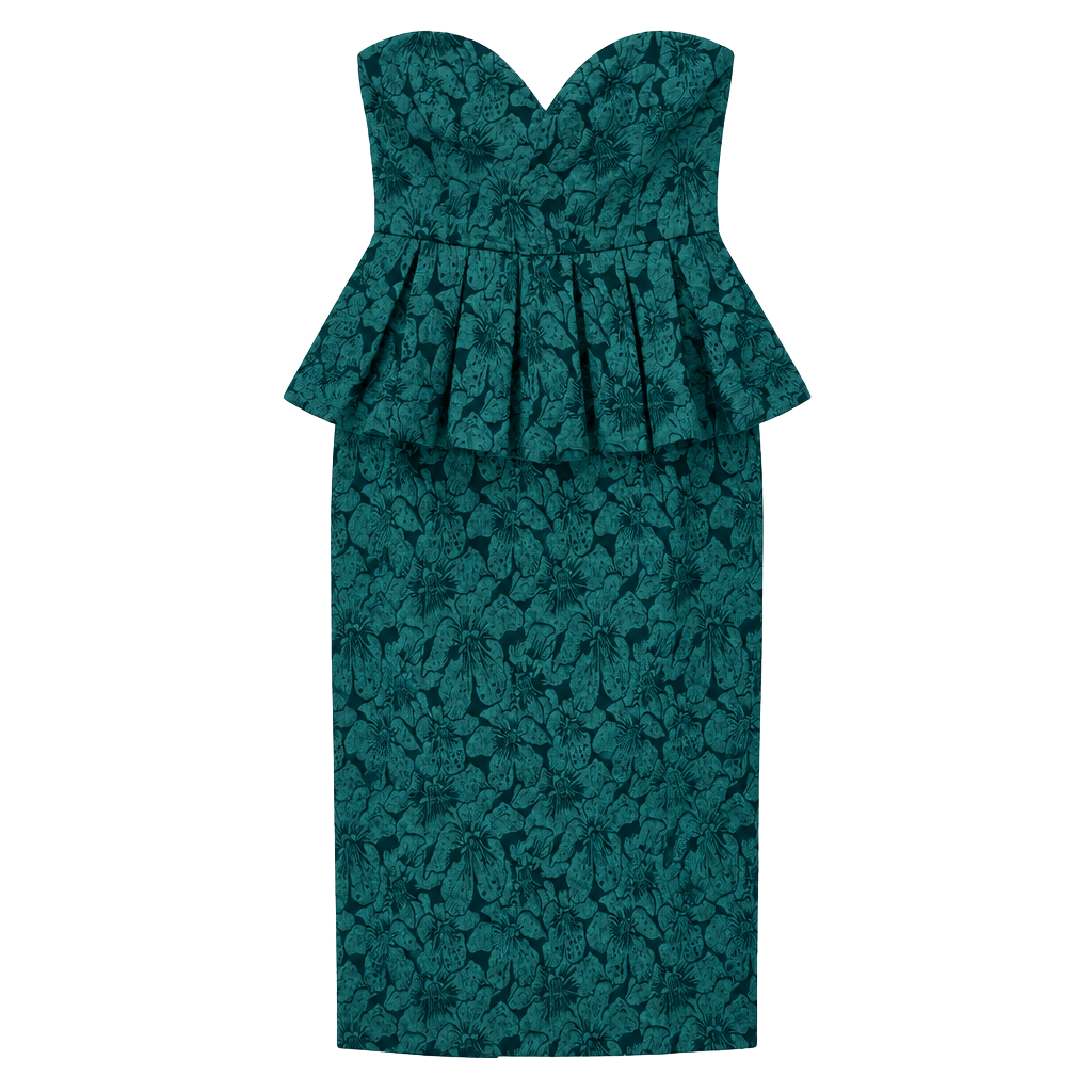 NWT Lulus Strapless Peplum Jacquard Midi Dress Size L Green Floral 1