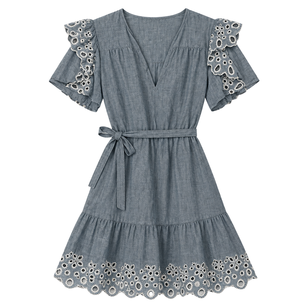 Joie Safia Eyelet Ruffle Mini Dress Size XXS Blue Chambray 1