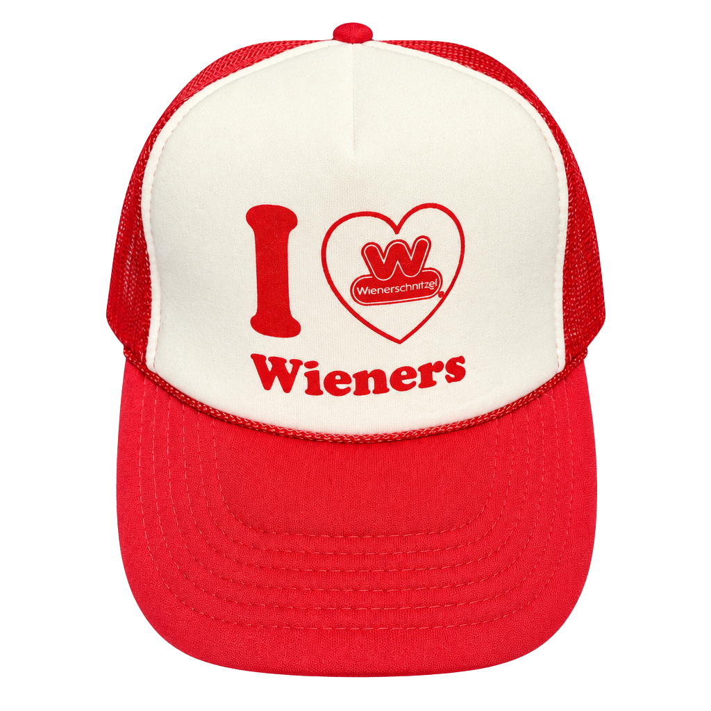 Wienerschnitzel I Love Wieners Red White Mesh Trucker Hat Otto Snapback Cap 1
