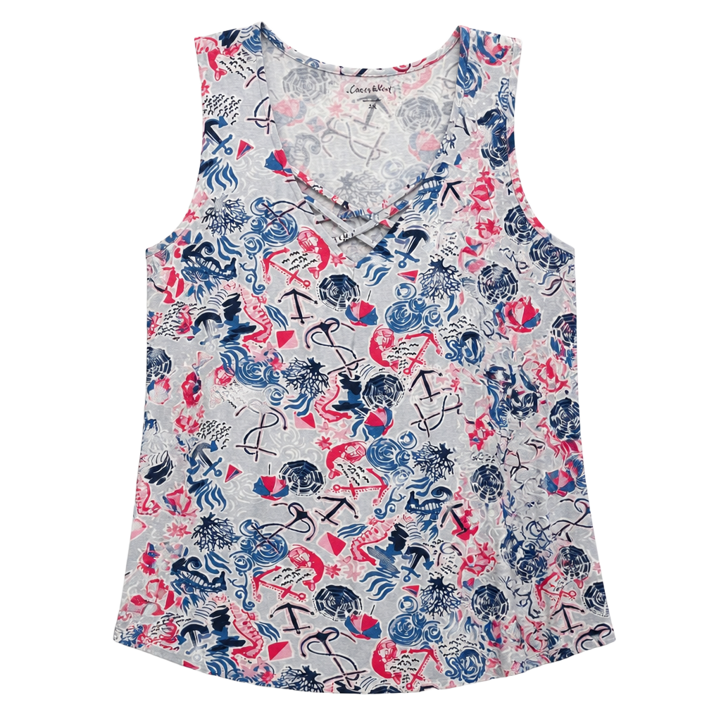 Casey Key Nautical Printed Criss-Cross V-Neck Tank Top Size 2X 1