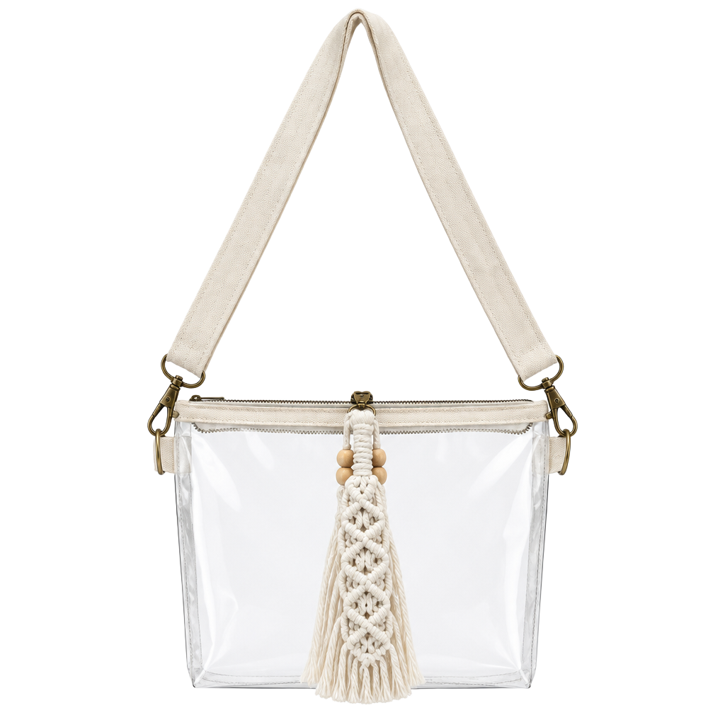 Clear Vinyl Crossbody Bag White Canvas Strap With Tassel 1