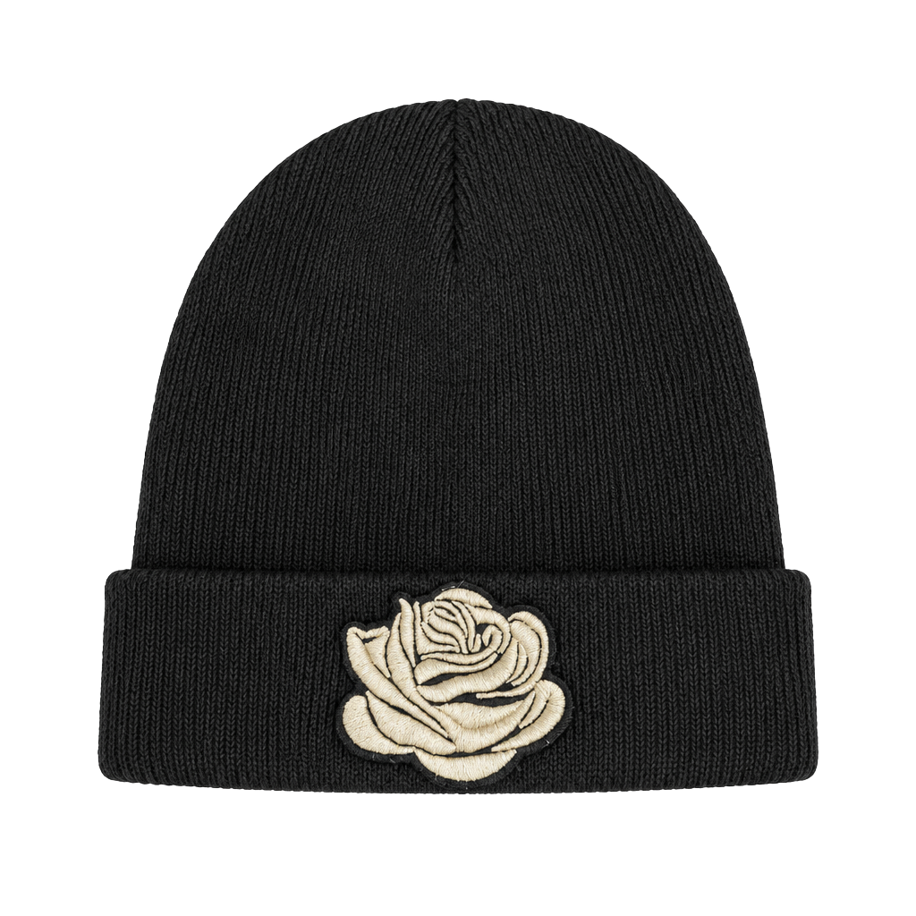 Black Knit Beanie with Embroidered Rose Patch 1