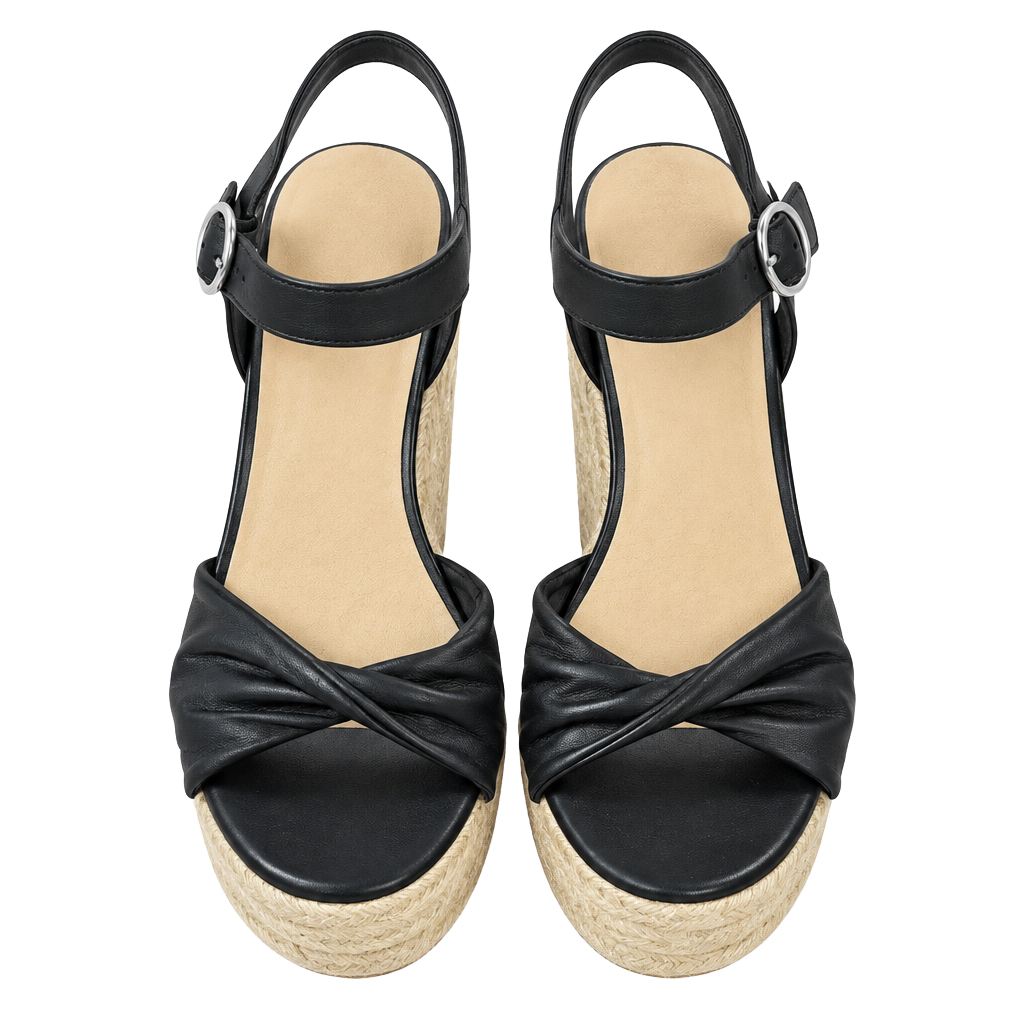 Crown Vintage Espadrille Wedge Sandals Black Leather 1