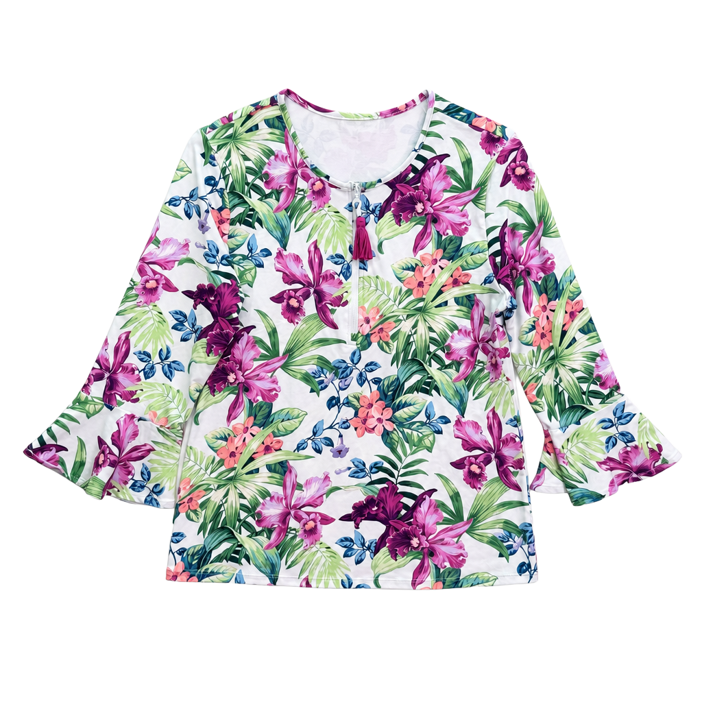Tommy Bahama Floral 3/4 Bell Sleeve Half Zip Rash Guard Top 1