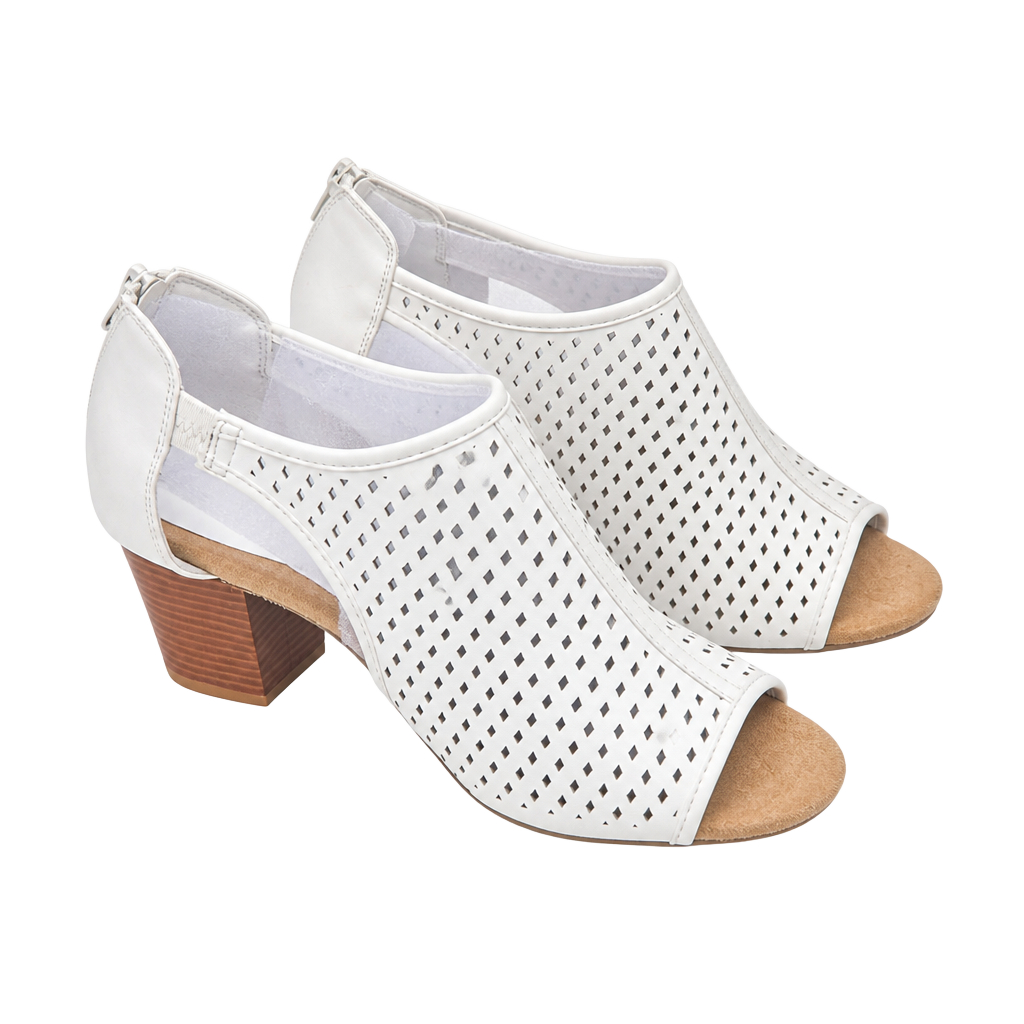 White Perforated Peep Toe Block Heel Sandals with Back Zipper Easy Street 1