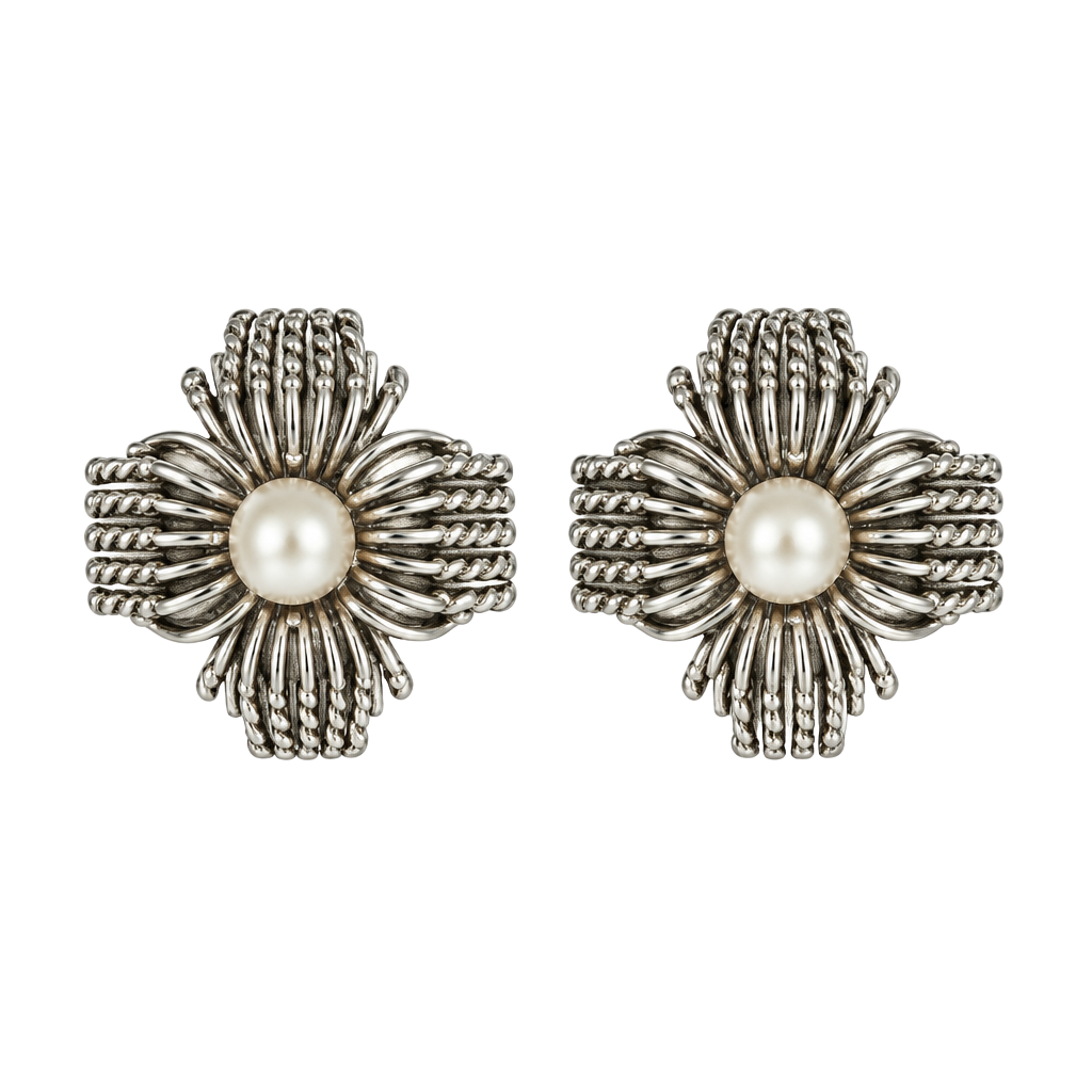 Vintage Sarah Coventry Silver Tone Faux Pearl Flower Clip On Earrings 1
