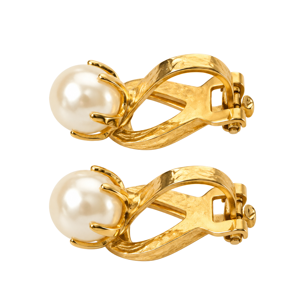 Vintage Gold-tone Faux Pearl Clip Earrings Sunburst Style 1