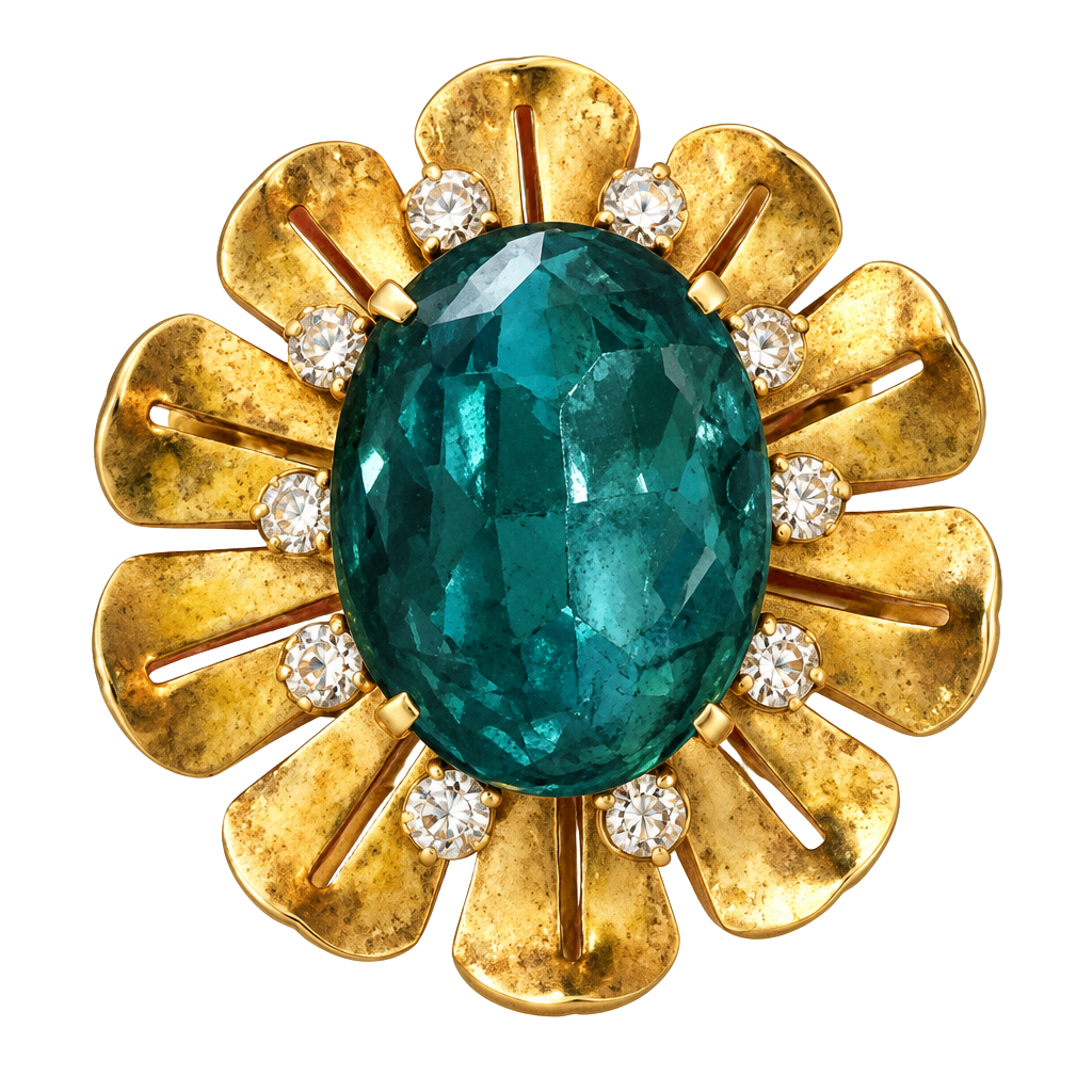 Vintage Gold Tone Floral Brooch with Teal Rhinestone Center 1