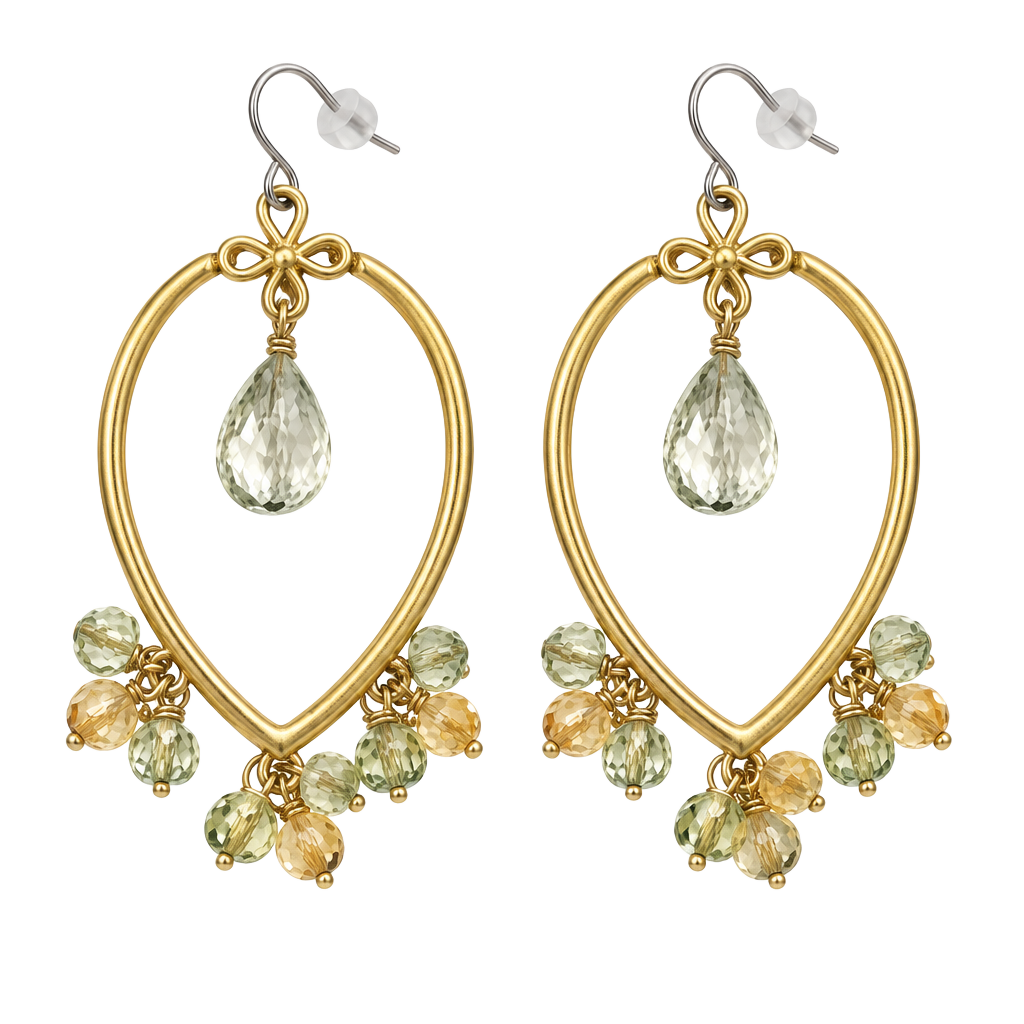 Gold Teardrop Dangle Earrings with Crystal and Beads 1