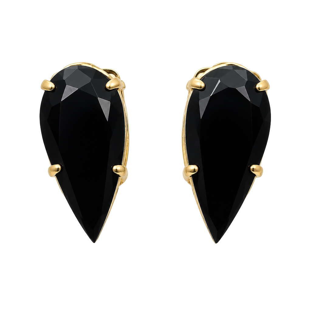Czechoslovakia Gold Plated Black Onyx Teardrop Clip Earrings 1