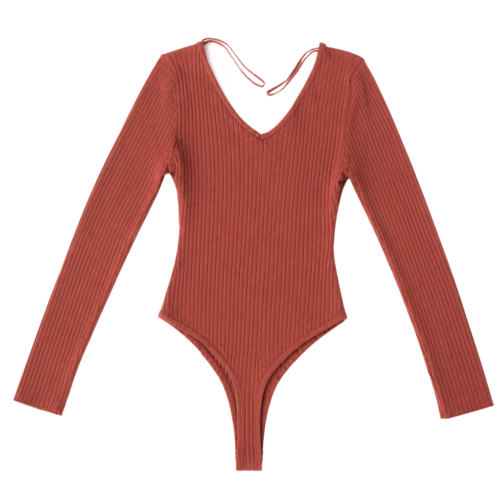 Women’s Terracotta Ribbed Long Sleeve V-Neck Bodysuit size L 1
