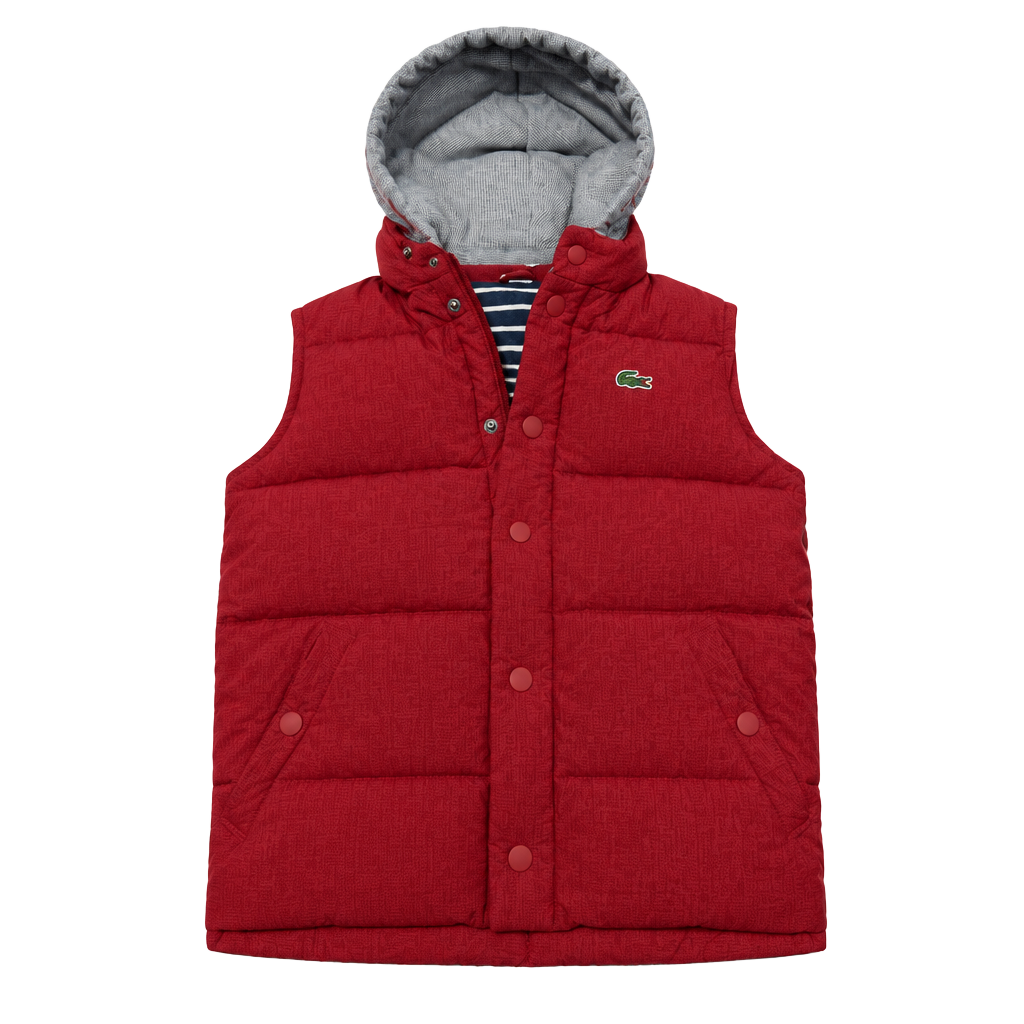 Lacoste Kids Red Puffer Vest with Hood, Size Small 1