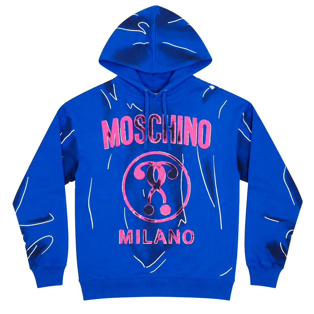 Moschino Men’s L Blue Pullover Hooded Fleece Hoodie Graphic Print Logo NWT 1