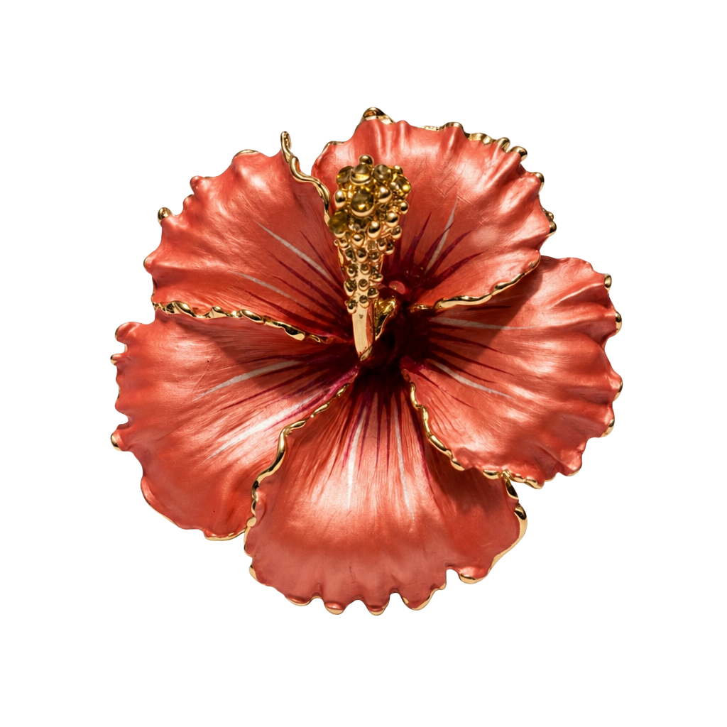Peach Hawaiian Hibiscus Flower Brooch & Pendant w/Tiny Crystals 2” 1